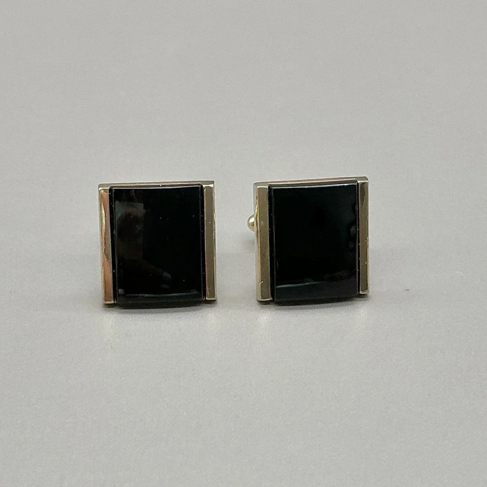Dante Black Onyx Style Gold Tone Square Cufflinks Vintage Men's Formal Wedding